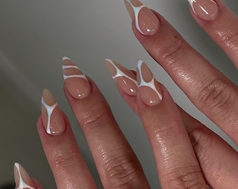 Abstract Liner Press On Nails, Nude Pink Chrome Gel Nails