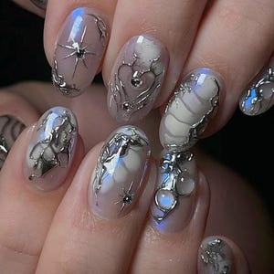 Y2K Chrome Press On Nails: Silver White Gel Nails