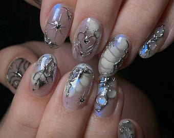 Y2K Chrome Press On Nails: Silver White Gel Nails
