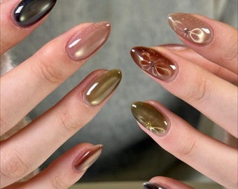 cat eye flower press On Nails: hand painted custom nails