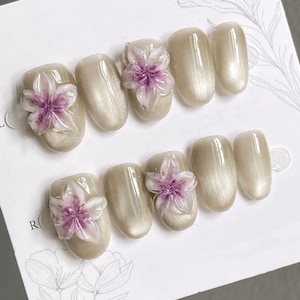 3D Flower Cat Eye Press On Nails: Y2K Chrome Gel Nails