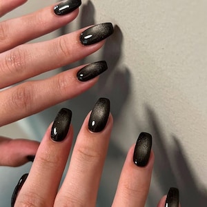 Glitzer-Schwarz-Katzenauge-Press-On-Nägel: Y2K Chrome-Gelnägel