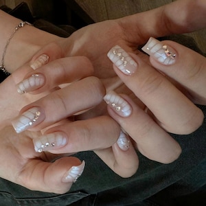 White Tortoise Shell Press On Nails: Y2K Chrome Gel Nails