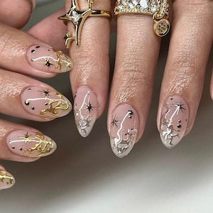 3d gold silver chrome nails, custom press on nails, hand painted Press On Nails, Gel Nails, Y2K Chrome Nails