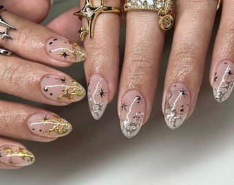 Gold & Silver Chrome Press On Nails: Hand Painted Y2K Gel Nails