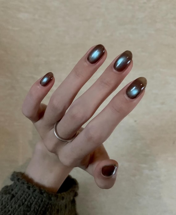 blue brown Cat Eye Press On Nails: hand painted custom Nails