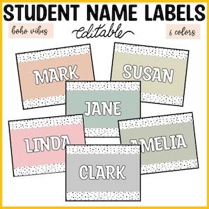 Printable Spotty Name Labels, Back to School Nametags, Boho Spotty Student Name Plates, Editable Name Cards, Name Templates, Name Signs