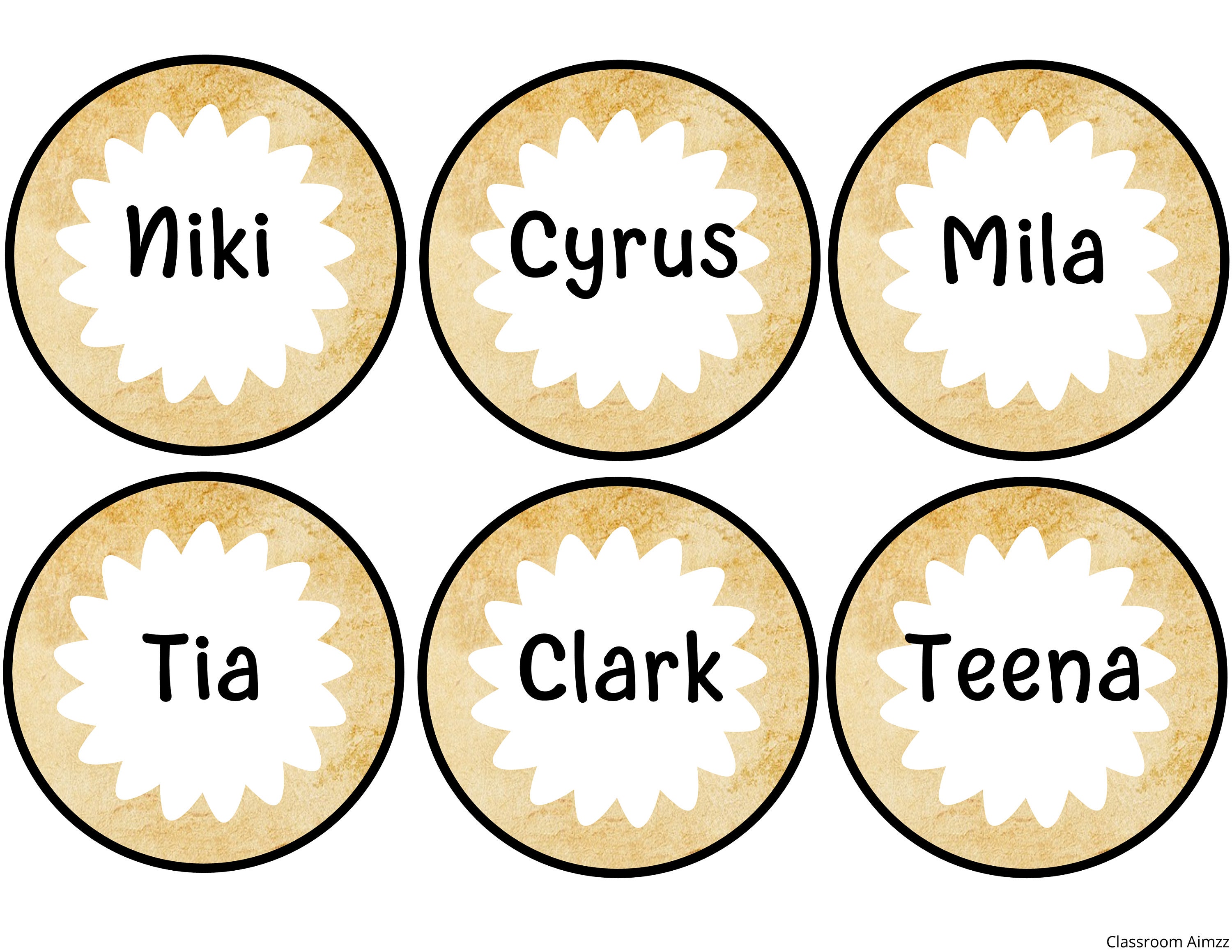 Printable Student Name Labels, Round Vintage Background Name Cards ...