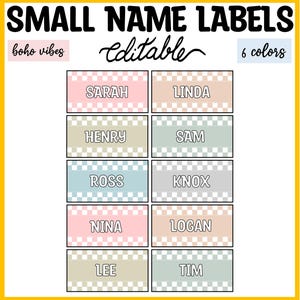 May include: A sheet of editable small name labels in six colors. Each label features a name in a rectangular box with a checkered border. The labels include names like Sarah, Linda, Henry, Sam, Ross, Knox, Nina, Logan, Lee, and Tim.