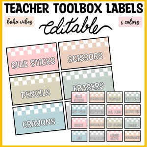 Puede incluir: Etiquetas de caja de herramientas para profesores con las palabras "Teacher Toolbox Labels" y "Editable" en una fuente manuscrita. Las etiquetas son de seis colores e incluyen "Glue Sticks", "Scissors", "Pencils", "Erasers" y "Crayons".