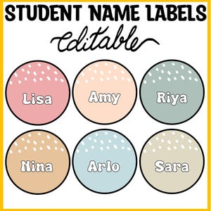 Back to School Printable Boho Neutral Student Name Tags, Boho Nametags, Door Display Tags, Round Spotty Name Labels, Round Name Stickers