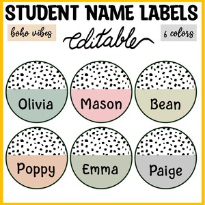 Back to School Printable Spring Floral Student Name Tags, Bright Nametags, Round Name Cards, Boho Neutral Spotty Name Labels, School Labels