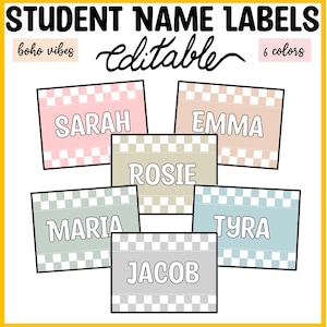 Peut inclure: Un ensemble de six étiquettes de nom d'étudiant rectangulaires avec un motif de bordure à carreaux en rose, beige, taupe, vert sauge, bleu clair et gris. Les étiquettes affichent les noms Sarah, Emma, Rosie, Maria, Tyra et Jacob en texte blanc. L'image inclut le texte STUDENT NAME LABELS, boho vibes, editable et 6 colors.