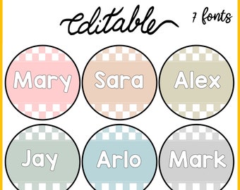 Back to School Round Boho Neutral Checkered Classic Student Name Labels, Boho Student Name Badges, Printable Personalized Nametags, Labels
