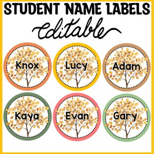 May include: A set of six circular student name labels featuring a tree with yellow and orange autumn leaves. The labels are bordered in orange, yellow, brown, dark green, pink, and light green. The text reads STUDENT NAME LABELS editable.