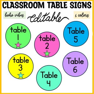 Könnte beinhalten: Bunte Klassentischschilder mit dem Text "CLASSROOM TABLE SIGNS" und "Editable". Jedes Schild hat eine andere Farbe, ist mit 1-6 nummeriert und enthält einen Stern. Die Schilder sind mit "boho vibes" und "6 Farben" beschriftet.
