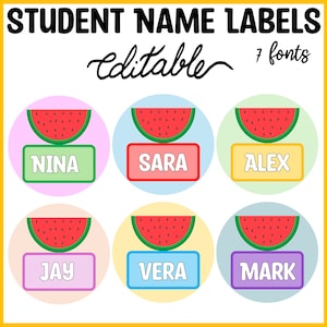 Etiquetas imprimibles con nombre para estudiantes con temática de sandía, letreros con nombre, etiquetas para el aula, etiquetas editables para el regreso a clases, etiquetas circulares.