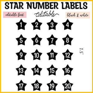 May include: Black star-shaped labels numbered 1 through 20, with the text "STAR NUMBER LABELS" above. The labels are 1.5 inches in height. The text "editable font" and "black & white" are also present.