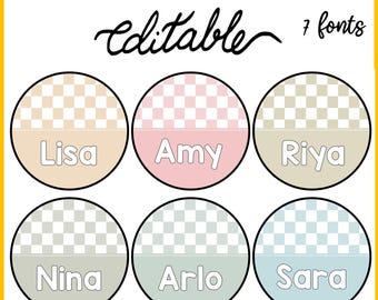 Printable Neutral Colors Round Checkered Student Name Labels, Checkered Name Cards, Back to School Classroom Name Tags, Library Labels