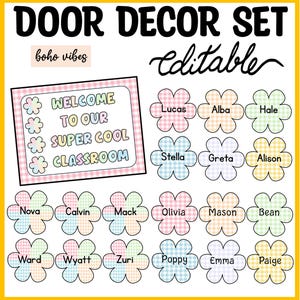 Pastel Gingham Floral Door Decor Set, Editable Spring Flowers Student Nametags, Elementary Door Decor Posters, Kindergarten Decor Labels
