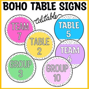 Könnte beinhalten: Sechs kreisförmige Schilder mit schwarz-weiß gesprenkelten Rändern, die den Text BOHO TABLE SIGNS und editable enthalten. Die Schilder zeigen verschiedene Farben wie Pink, Gelb, Blau, Lila, Grün und Hellrosa mit Beschriftungen wie TEAM 7, TABLE 5, TABLE 2, TEAM 6, GROUP 3 und GROUP 10.