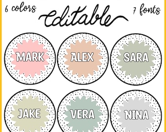 Printable Boho Neutral Spotty Student Name Labels, Circle Tags, Bin Tags, Kindergarten Name Labels, Door Display, Classroom Labels