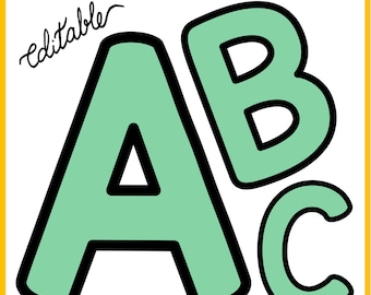 May include: Large mint green letters A, B, and C with thick black outlines. The text "BULLETIN BOARD LETTERS" appears in black at the top, and the word "editable" is written in a black cursive script on the left side of the letter A.