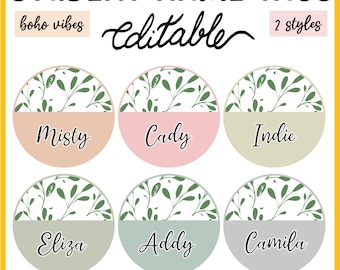 Printable Botanical Student Name Labels, Boho Neutral Student Name Plates, Back to School Plant Theme Circular Nametags for Kids. Templates