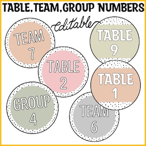 Mesa boho neutra editável com bolinhas, etiquetas para equipes e grupos, números de mesa, números de mesa para a sala de aula de volta às aulas, placas de mesa, cartões de mesa