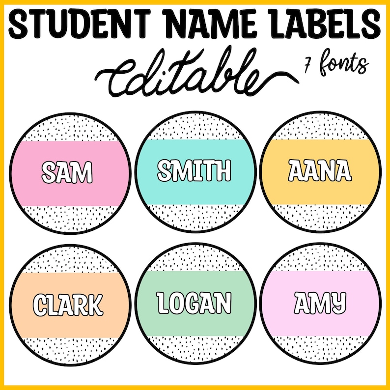 Printable Bright Spotty Student Name Labels, Editable Round Student ...
