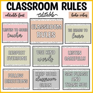 Regras de sala de aula com estampas neutras e boho para imprimir, regras de sala de aula editáveis, cartões com regras de sala de aula para o retorno às aulas, exibição de parede, decoração de parede