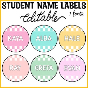 May include: A set of six circular student name labels featuring a checkered pattern in pastel pink, teal, yellow, peach, light green, and lavender. Each label displays a name in white text with a black outline. The text reads STUDENT NAME LABELS editable 7 fonts.