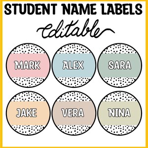 Printable Boho Spotty Neutral Student Name Labels, Round Student Name Signs, Personalized Name Tags, Name Templates, Boho Custom Name Labels