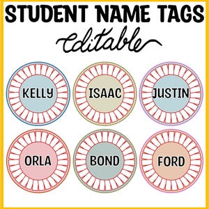 Puede incluir: Seis etiquetas de nombre editables de colores con un diseño de rayos de sol. Los nombres Kelly, Isaac, Justin, Orla, Bond y Ford están impresos en las etiquetas.