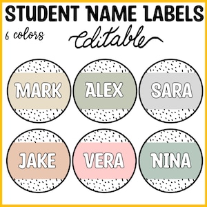 Printable Round Boho Spotty Name Tags, Circular Name Tags, Cubby Labels, Editable Neutral Back to School Labels, Black Spotty Labels