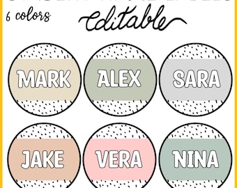 Printable Round Boho Spotty Name Tags, Circular Name Tags, Cubby Labels, Editable Neutral Back to School Labels, Black Spotty Labels