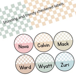Printable Neutral Colors Round Checkered Student Name Labels, Checkered ...
