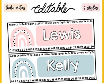 Printable Back to School Rainbow Alphabets Student Desk Plates for Kindergarten, Grade 1 Desk Plate, Desk Posters, Boho Classroom Labels
