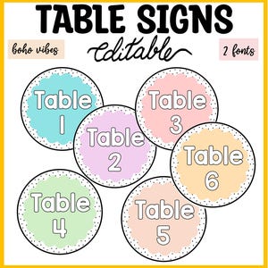 Könnte beinhalten: Ein Set aus sechs runden Tischschildern mit gewelltem Rand in Pastellfarben wie Blau, Rosa, Lila, Grün, Pfirsich und Orange. Jedes Schild zeigt den Text Table gefolgt von einer Zahl von 1 bis 6. Der Text oben lautet TABLE SIGNS editable 2 fonts.