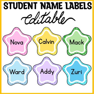 Peut inclure: Un ensemble de six étiquettes de nom d'étudiant en forme d'étoile avec une bordure scintillante rose, jaune, verte, bleu clair, violette et bleu vif. Les étiquettes portent les noms Nova, Calvin, Mack, Ward, Addy et Zuri. Le texte indique STUDENT NAME LABELS editable.