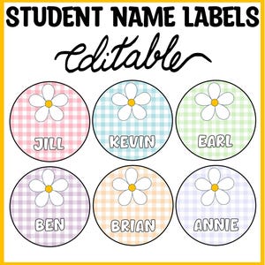 May include: Student name labels with a daisy design. Each label has a different pastel gingham background and a student's name. The labels are round with a white daisy in the centre. The text "Student Name Labels" and "editable" are at the top.