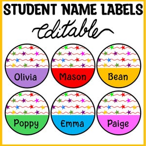 KG Nametags, Back to School Printable Stars Student Name Tags, Round Name Labels, Circle Name Plates, Star Name Labels, Nursery Labels,