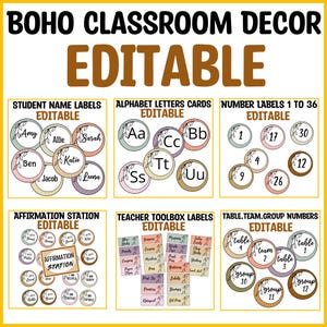 Könnte beinhalten: Sammlung bearbeitbarer Boho-Klassenzimmerdekorationselemente. Enthält Schülernamenetiketten, Alphabetkarten, Zahlenetiketten, eine Affirmationsstation, Lehrer-Toolbox-Etiketten und Tisch-/Team-/Gruppennummern. Das Design hat eine neutrale Farbpalette mit botanischen Akzenten.