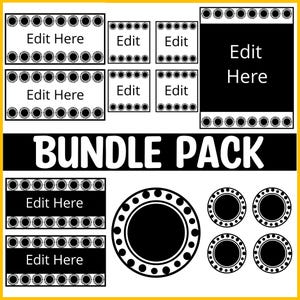 Könnte beinhalten: Eine schwarz-weiße Bundle-Pack-Grafik mit editierbaren Textfeldern. Das Design umfasst rechteckige und kreisförmige Elemente mit dem Text "Edit Here" und "BUNDLE PACK". Das Design ist gelb umrandet.