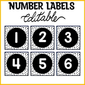 May include: Black and white number labels with a polka dot pattern. The numbers 1 through 6 are displayed in a circle on each label. The text "NUMBER LABELS editable" is at the top of the image.