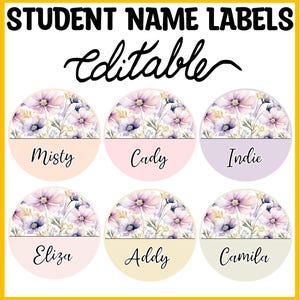 Spring Name Labels, Floral Name Labels, Flowers Name Plates, Bright Nametags, Boho Floral Round Name Stickers, Editable Spring Name Labels