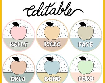 May include: Student name labels with editable text. The labels feature apple illustrations in various colors, including pink, peach, and green, each with a black stem. The names Kelly, Isaac, Faye, Orla, Bond, and Ford are displayed.