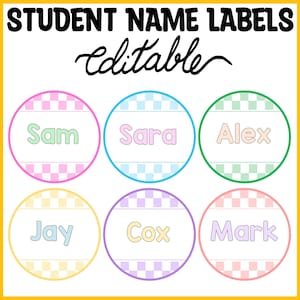 Könnte beinhalten: Sechs kreisförmige Namensschilder für Schüler mit einem karierten Rand in Pink, Blau, Grün, Gelb, Lila und Rot. Der Text lautet STUDENT NAME LABELS und editable. Die Namen Sam, Sara, Alex, Jay, Cox und Mark stehen in der Mitte der Kreise.