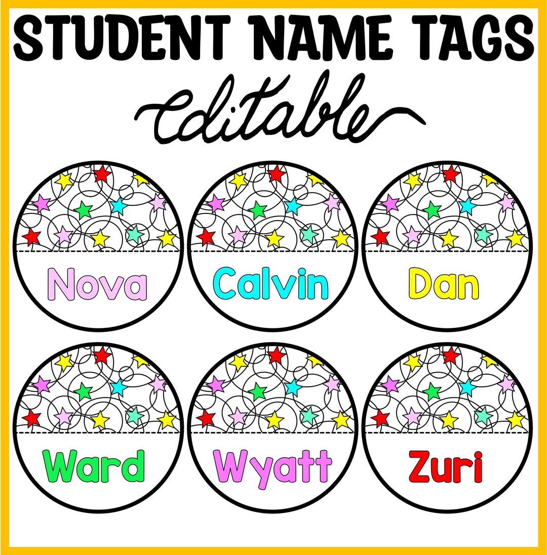 Printable Black and Bright Star Student Name Tags, Round Name Plates ...