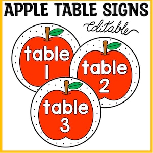 Könnte beinhalten: Drei kreisförmige Schilder mit roten Apfelillustrationen, grünen Blättern und braunen Stielen. Jedes Schild hat einen weißen Rand mit schwarzen Punkten und zeigt den Text table 1, table 2 oder table 3. Oben steht der Text APPLE TABLE SIGNS editable.